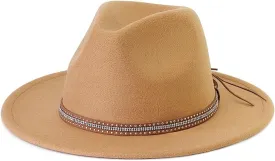 LolliWeaver Women Fashion Flat Wide Brim Teardrop Crown Felt Fedora Hat with Hat Belt