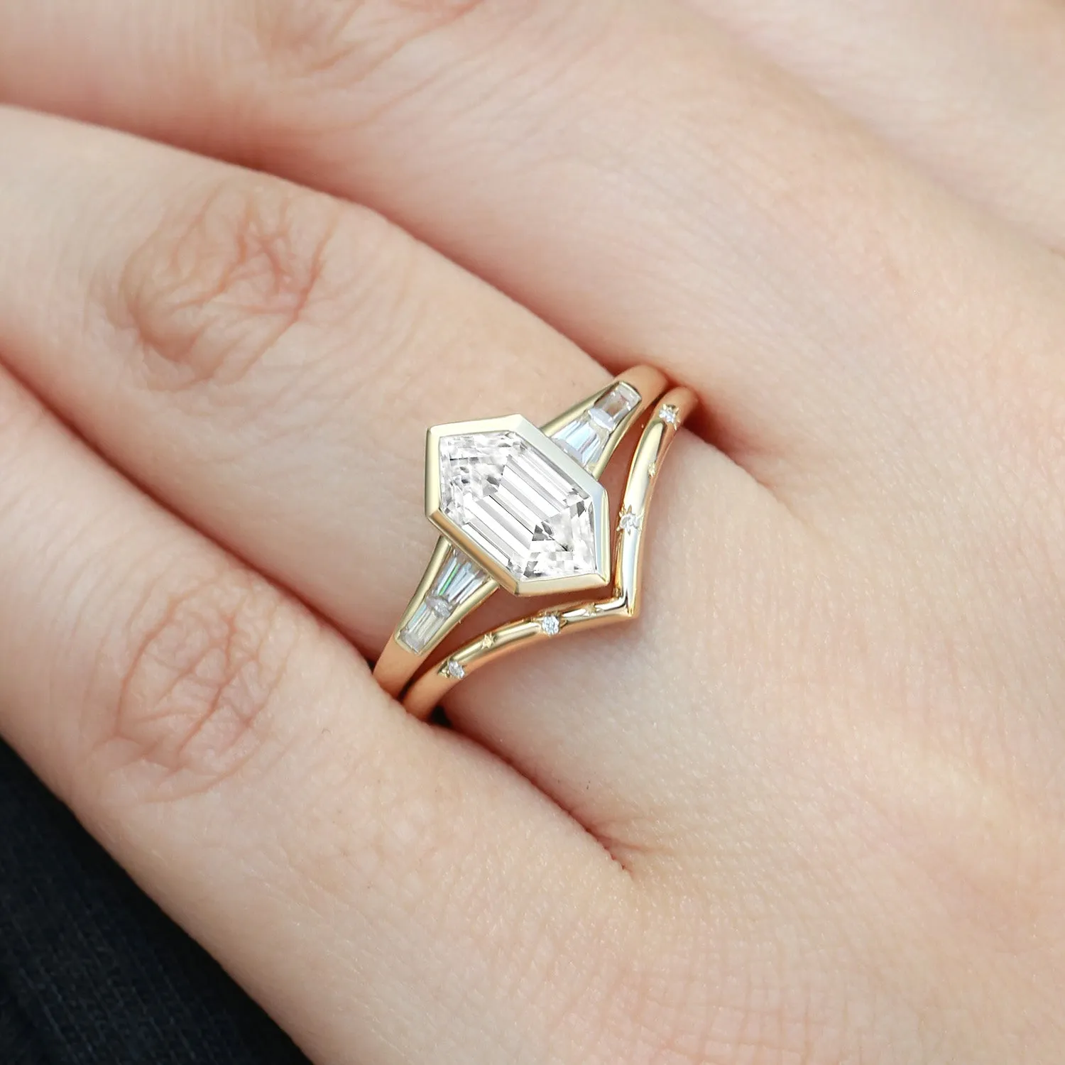 Long Hexagon Lab Grown Diamond Minimalist Bridal Ring Set 2pcs