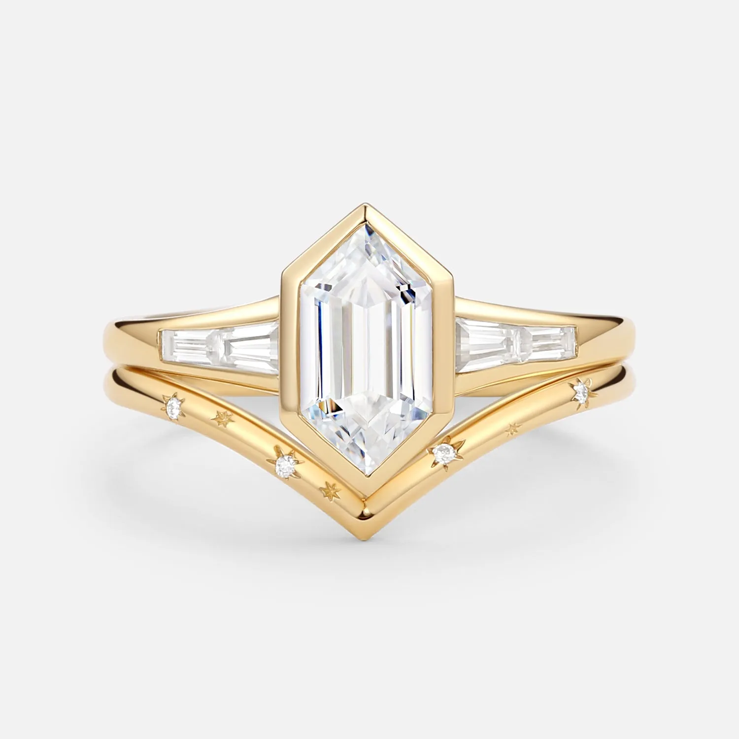 Long Hexagon Lab Grown Diamond Minimalist Bridal Ring Set 2pcs