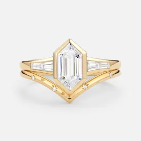 Long Hexagon Lab Grown Diamond Minimalist Bridal Ring Set 2pcs