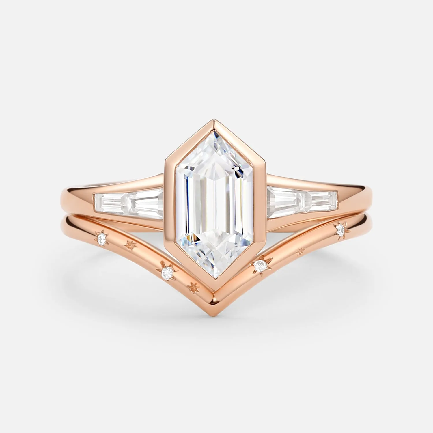 Long Hexagon Lab Grown Diamond Minimalist Bridal Ring Set 2pcs
