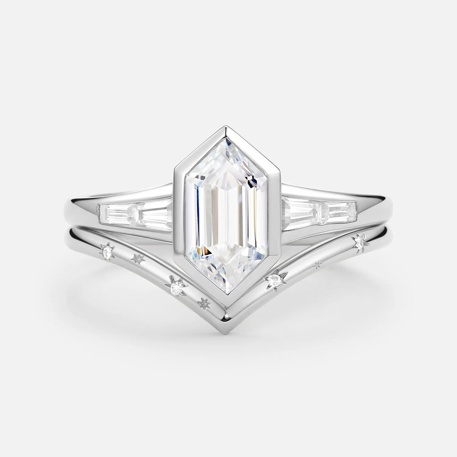Long Hexagon Lab Grown Diamond Minimalist Bridal Ring Set 2pcs