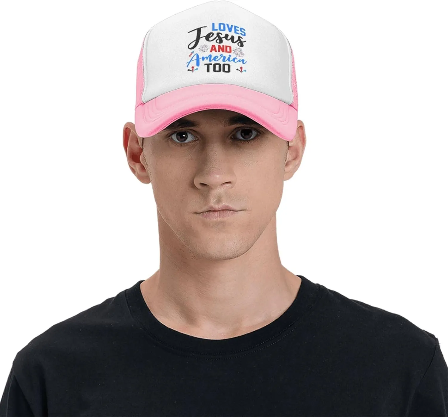 Loves Jesus and America Too Mesh Hat 4th of July Independence Day Hat Men Women Patriotic American Summer Cap Black