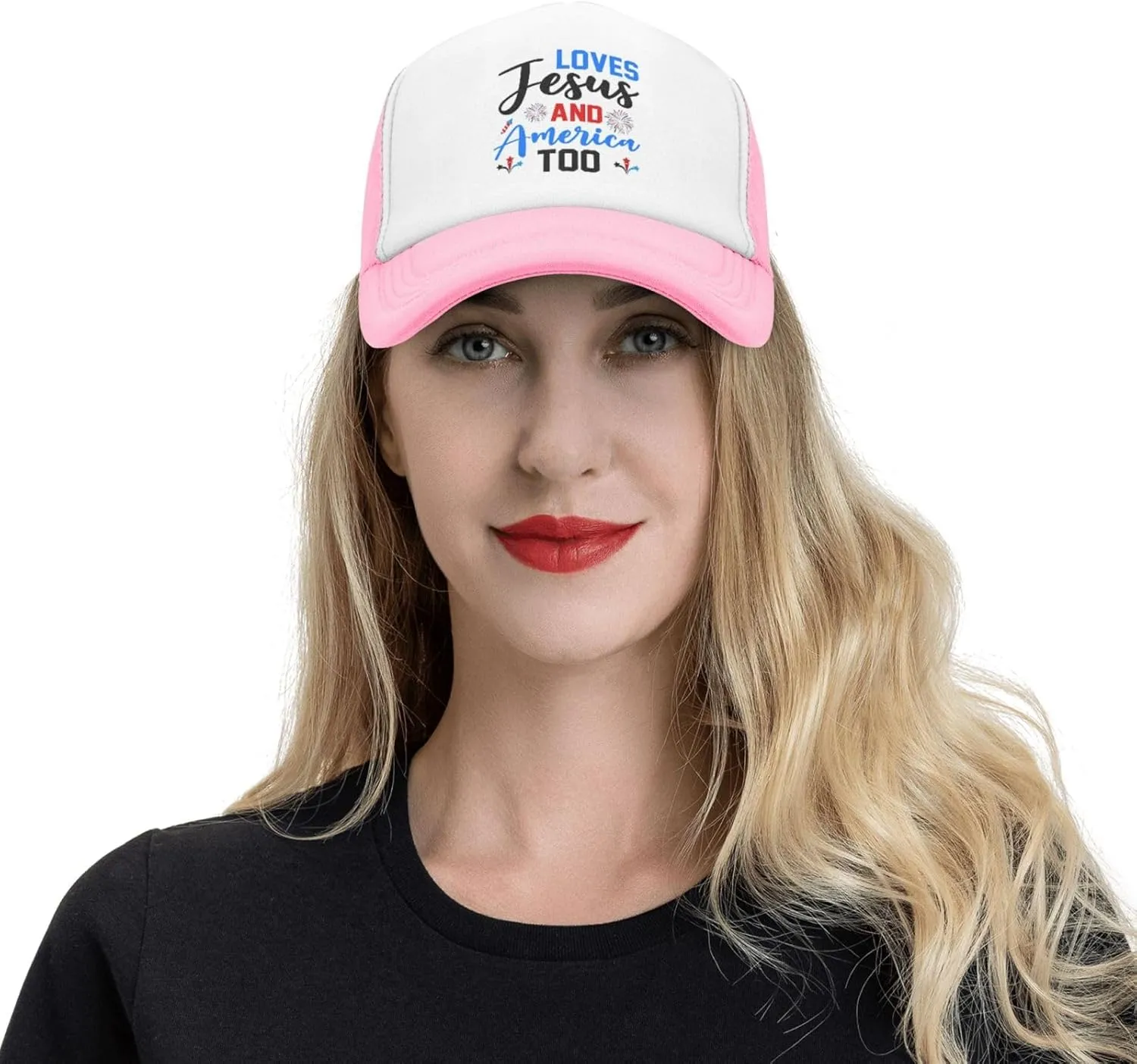 Loves Jesus and America Too Mesh Hat 4th of July Independence Day Hat Men Women Patriotic American Summer Cap Black