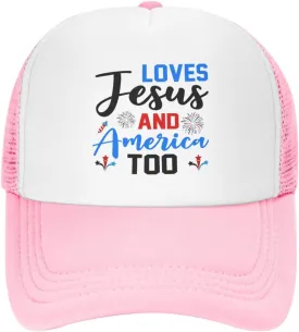 Loves Jesus and America Too Mesh Hat 4th of July Independence Day Hat Men Women Patriotic American Summer Cap Black