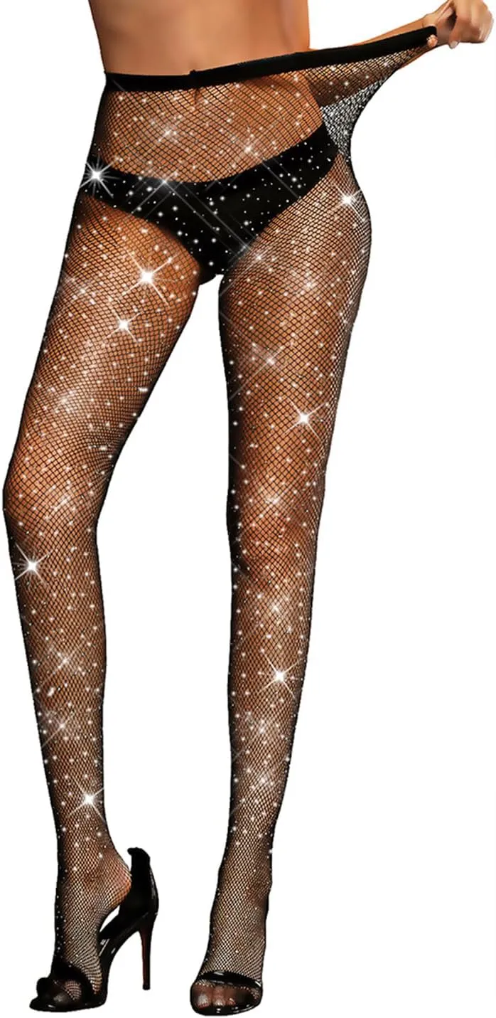 LUCKELF Sexy High Waist Tights Sparkle Rhinestone Fishnets Party Rhinestone Mesh Stockings