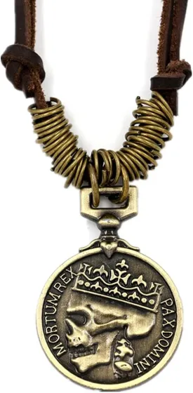 ODETOJOY Classic Skeleton Brown Genuine Leather Pendant Necklace Skull Steampunk Chunky Pendants Jewelry for Men Choker