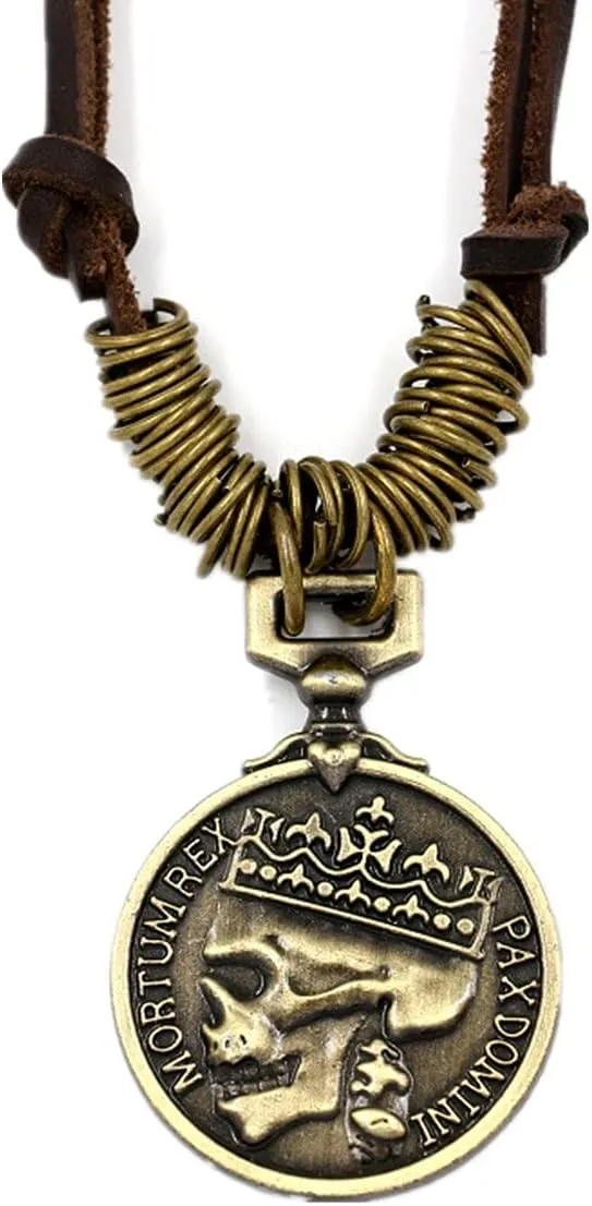 ODETOJOY Classic Skeleton Brown Genuine Leather Pendant Necklace Skull Steampunk Chunky Pendants Jewelry for Men Choker