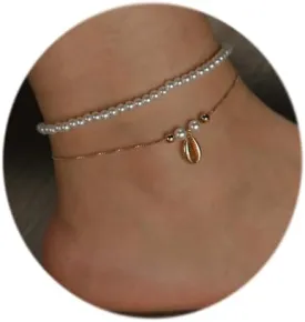 Pearl Anklets for Women Beach Anklet Adjustable Pearl Chain Anklet Double-Layer Pearl Shell Anklet Summer Foot Jewelry Gifts for Women