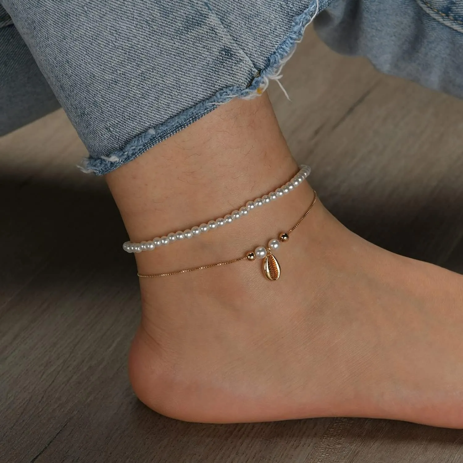 Pearl Anklets for Women Beach Anklet Adjustable Pearl Chain Anklet Double-Layer Pearl Shell Anklet Summer Foot Jewelry Gifts for Women