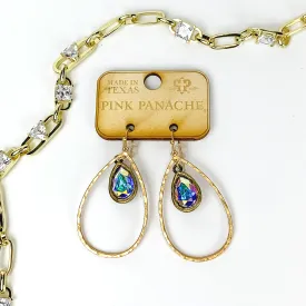 Pink Panache | Gold Tone Hammered Teardrop Earrings with AB Teardrop Crystal