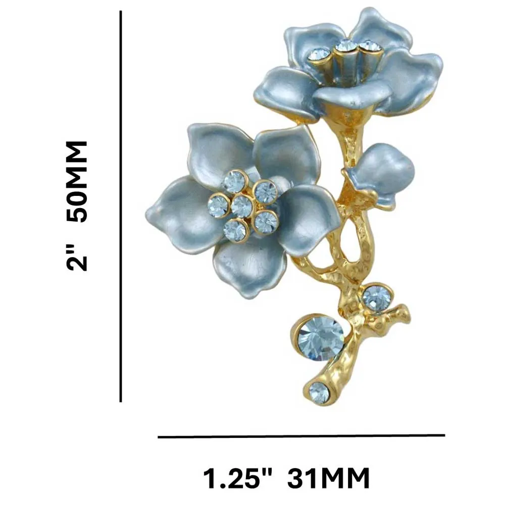 Powder Blue Flower with Blue Crystals Brooch Pin - PRL945