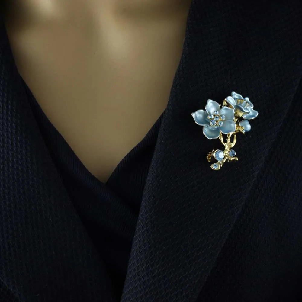 Powder Blue Flower with Blue Crystals Brooch Pin - PRL945