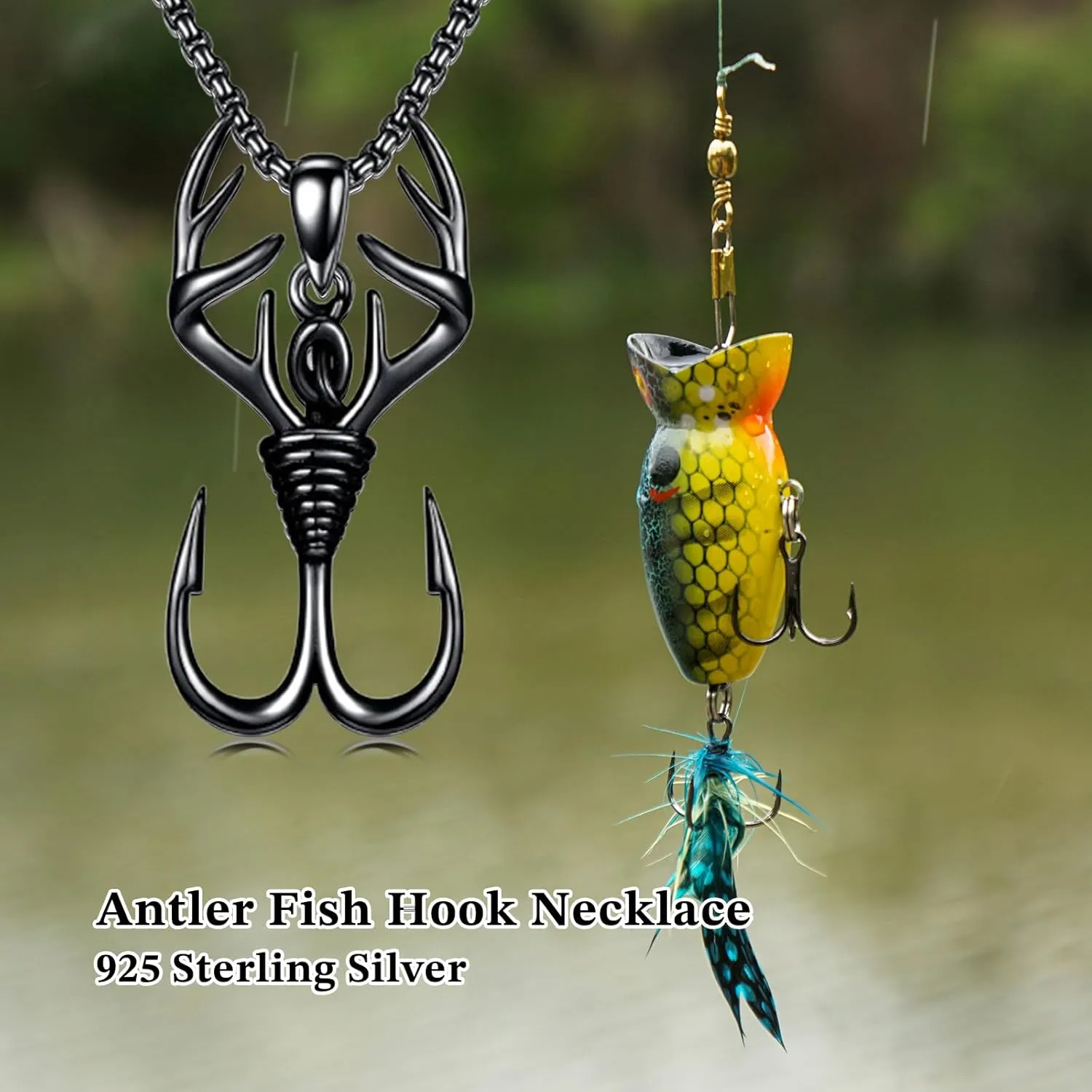 PROESS Fish Hook Necklace for Men 925 Sterling Silver Antler Duck Pendant Necklace Antler Fish Hook Hunting Jewelry Gifts for Father