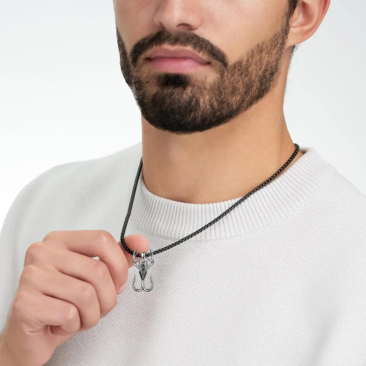 PROESS Fish Hook Necklace for Men 925 Sterling Silver Antler Duck Pendant Necklace Antler Fish Hook Hunting Jewelry Gifts for Father