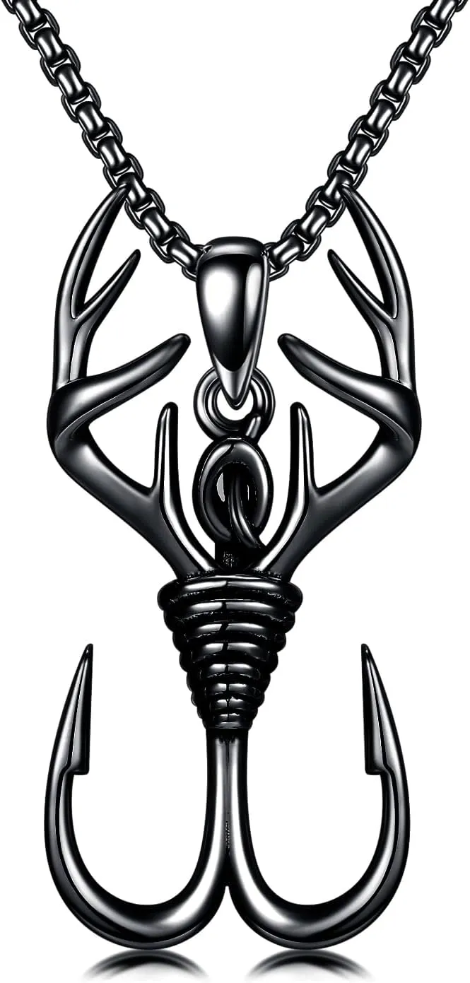 PROESS Fish Hook Necklace for Men 925 Sterling Silver Antler Duck Pendant Necklace Antler Fish Hook Hunting Jewelry Gifts for Father