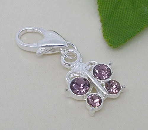 Purple and Clear ed Crystal Butterfly Clip On Pendant for European Charm Jewelry w/ Lobster Clasp