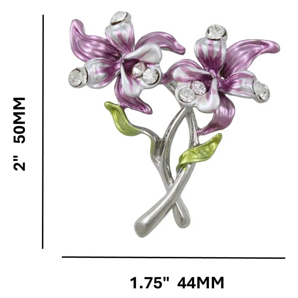 Purple Enamel and Crystal Orchids Flower Brooch Pin - PRL843