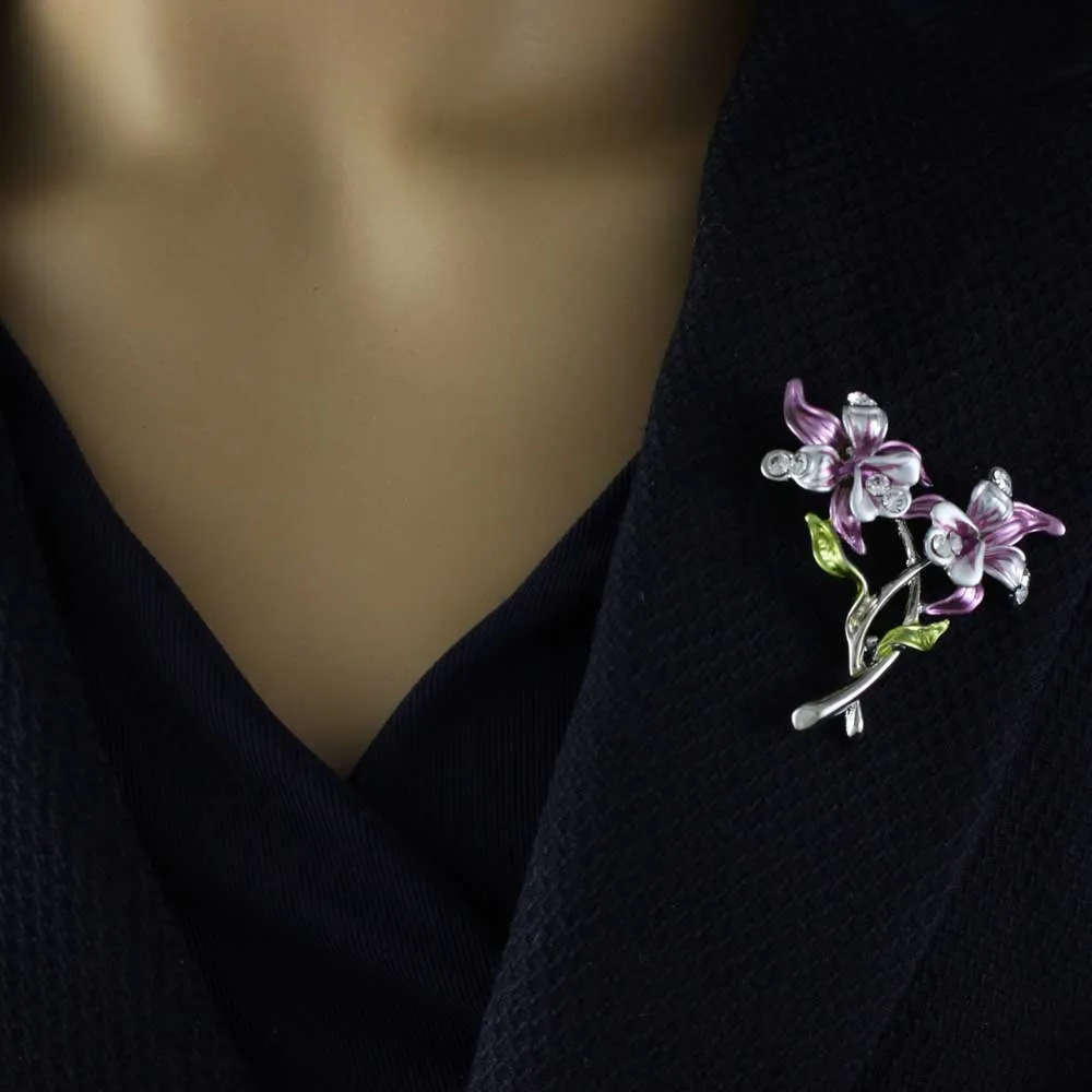 Purple Enamel and Crystal Orchids Flower Brooch Pin - PRL843