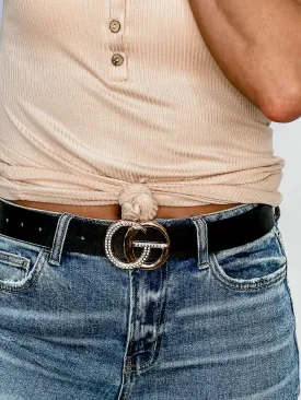 Ritzy Rhinestone Faux Leather Belt with Gold CG Belt Buckle, Black