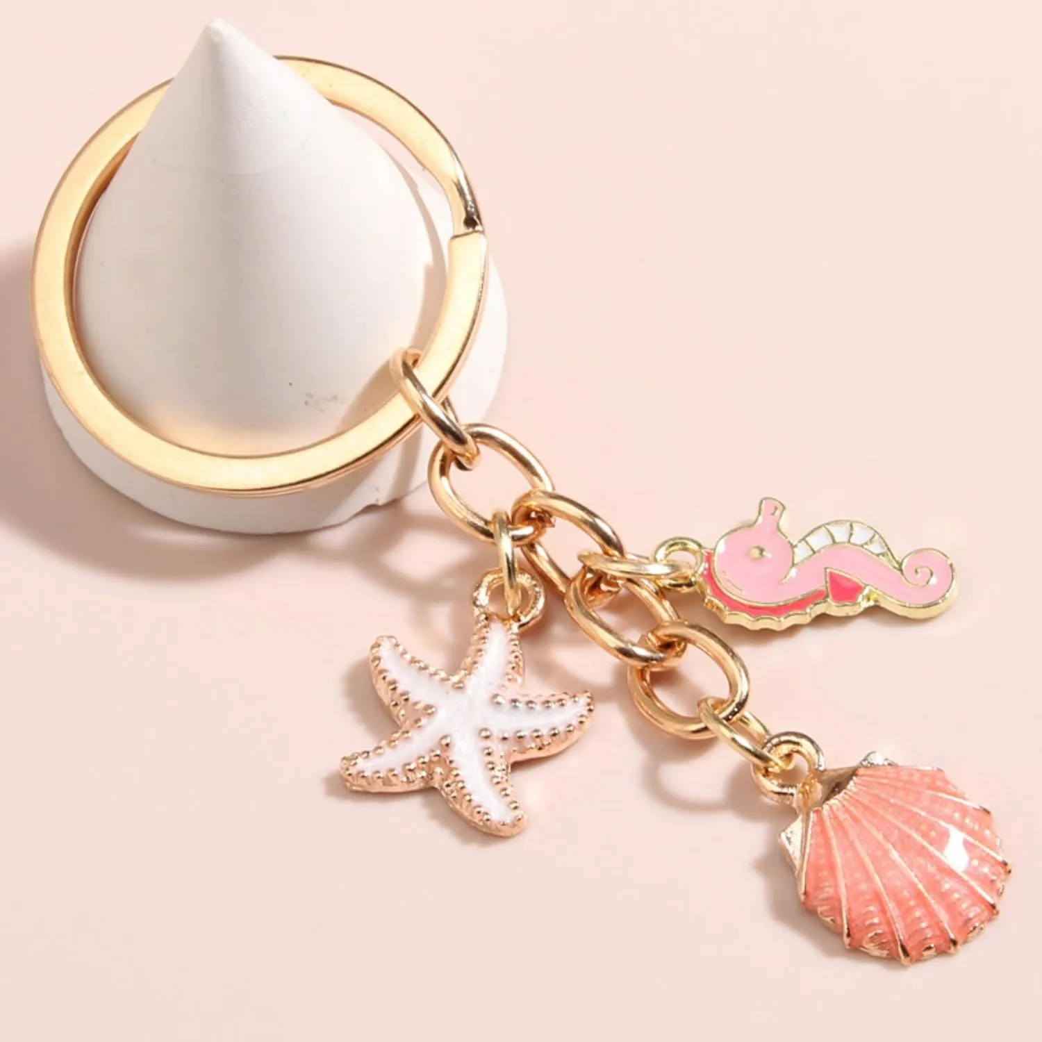 Shell Starfish Enameled Keychain for Women Cute Shell Starfish Tassel Chain Keyring Animal Key Chain Rings