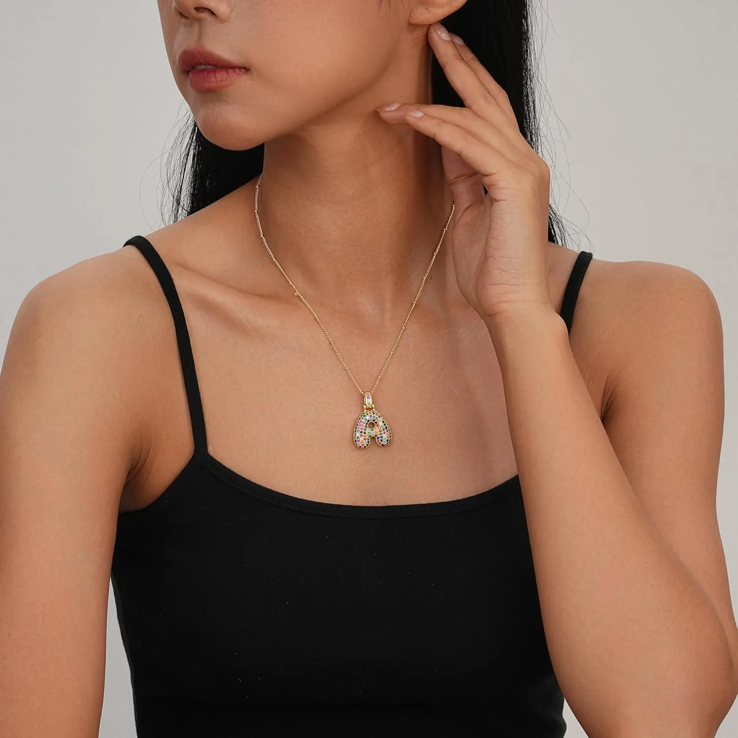 SIXFOX 18K Gold Plated Bubble Letter Necklace, Chunky Balloon Initial Pendant Necklaces with Colorful Cubic Zirconia Trendy Alphabet Name Chain Choker Jewelry Gifts for Birthday Anniversary Party