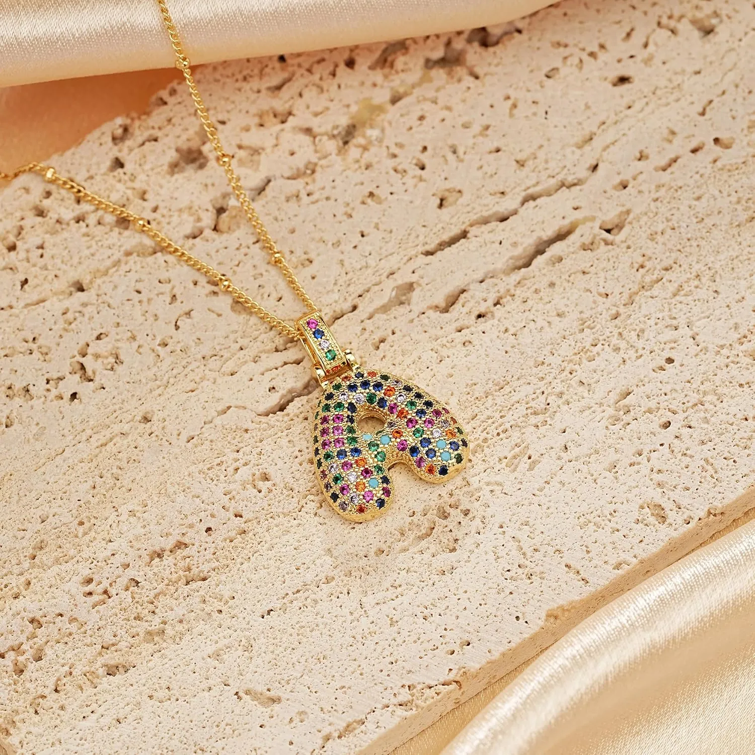 SIXFOX 18K Gold Plated Bubble Letter Necklace, Chunky Balloon Initial Pendant Necklaces with Colorful Cubic Zirconia Trendy Alphabet Name Chain Choker Jewelry Gifts for Birthday Anniversary Party