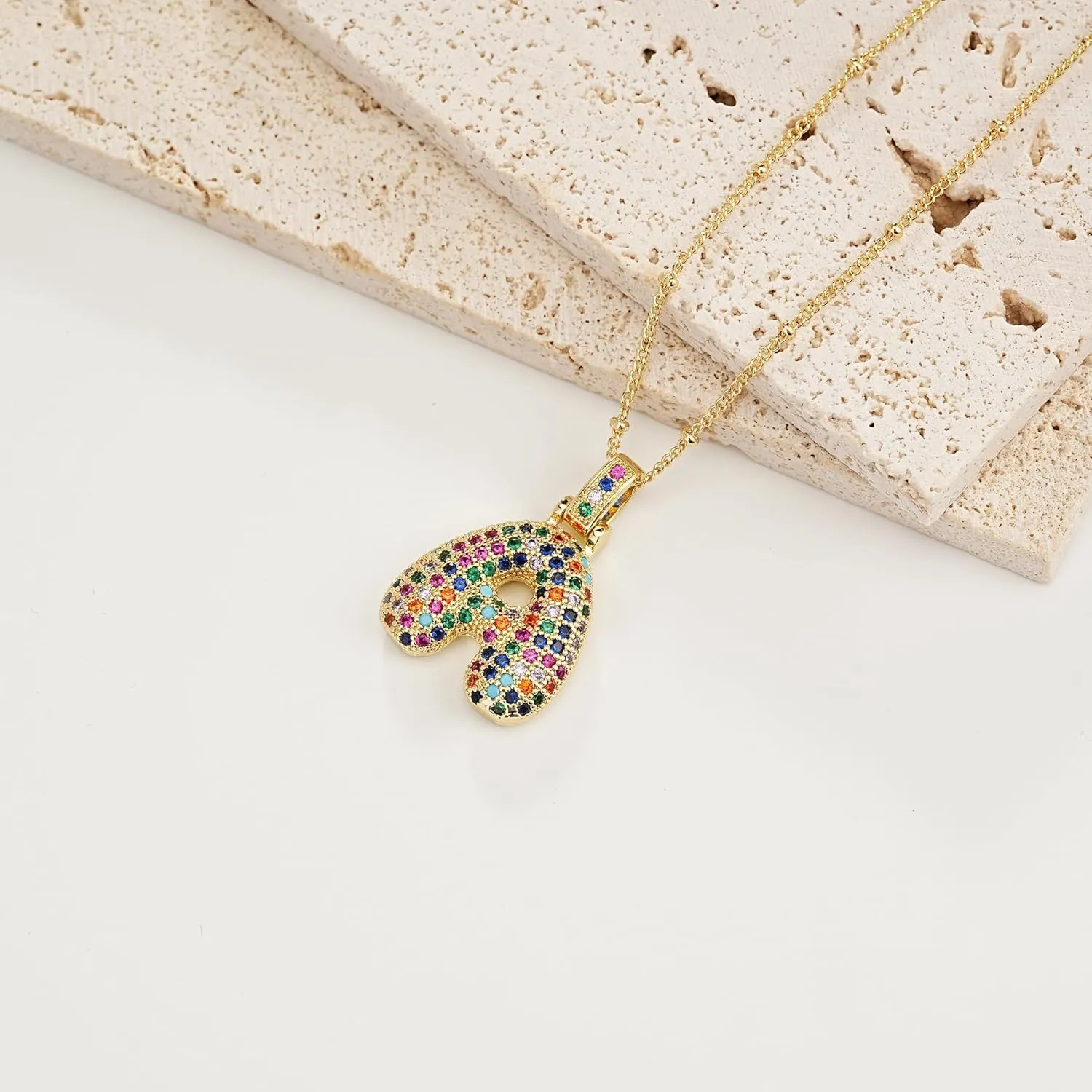 SIXFOX 18K Gold Plated Bubble Letter Necklace, Chunky Balloon Initial Pendant Necklaces with Colorful Cubic Zirconia Trendy Alphabet Name Chain Choker Jewelry Gifts for Birthday Anniversary Party