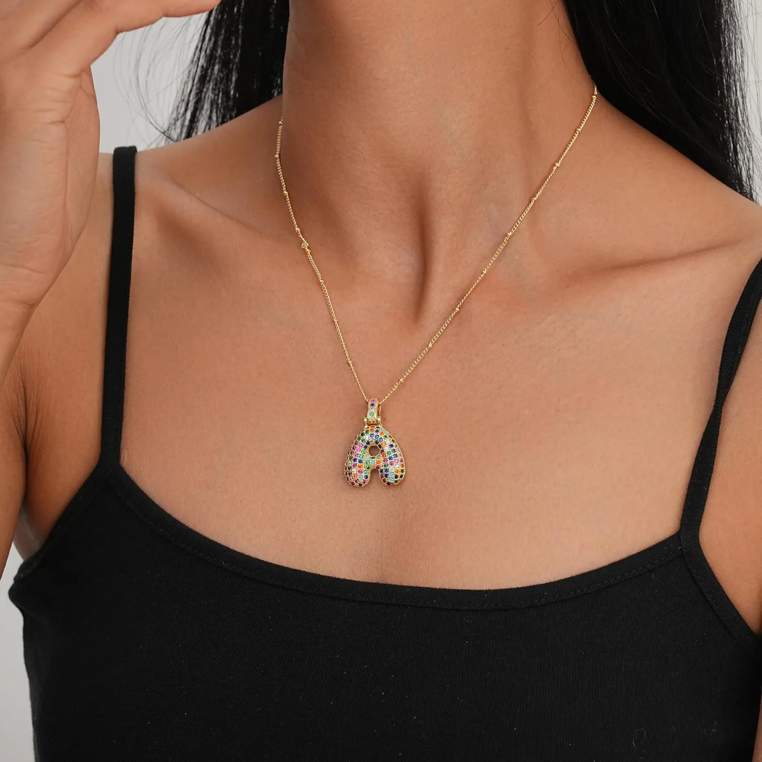 SIXFOX 18K Gold Plated Bubble Letter Necklace, Chunky Balloon Initial Pendant Necklaces with Colorful Cubic Zirconia Trendy Alphabet Name Chain Choker Jewelry Gifts for Birthday Anniversary Party