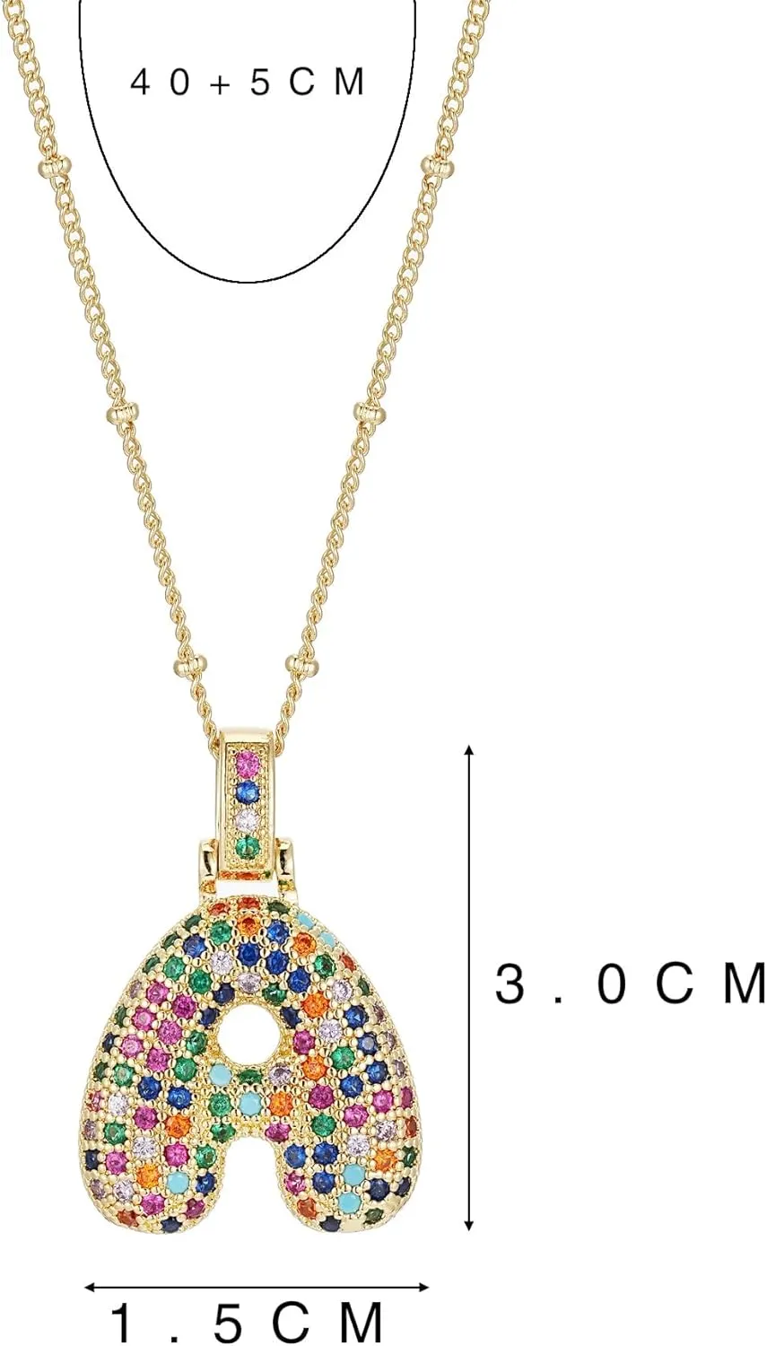 SIXFOX 18K Gold Plated Bubble Letter Necklace, Chunky Balloon Initial Pendant Necklaces with Colorful Cubic Zirconia Trendy Alphabet Name Chain Choker Jewelry Gifts for Birthday Anniversary Party