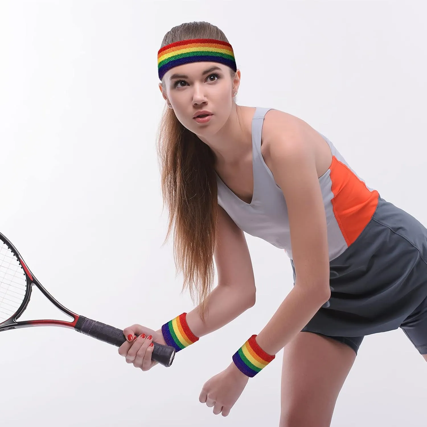 Skylety 5 Pcs Striped Sweatband Sock Set Wrist Sweatband Headband High Striped Headband for Men Women Sports 80s Party(Rainbow Color)