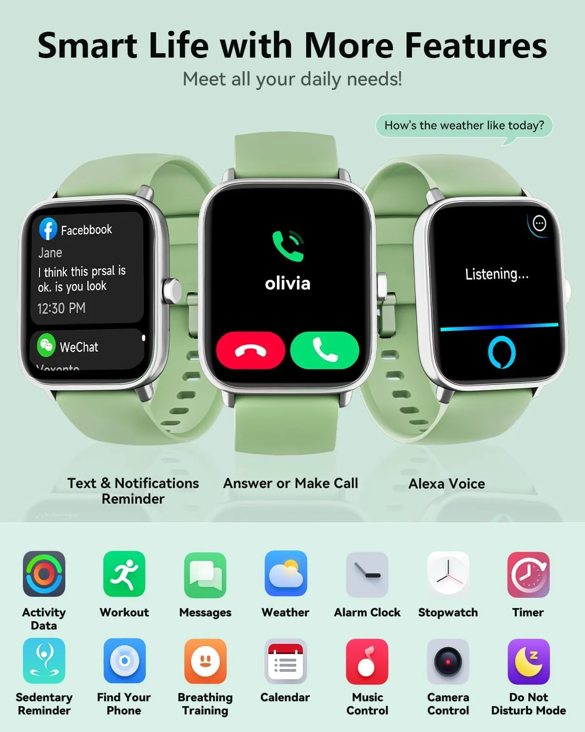 Smartwatch for Men Women, Alexa Built-in, 1.8" Fitness Tracker, IP68 Waterproof Smartwatch for Android & iPhone with Bluetooth Call (Answer/Make), Heart Rate/SpO2/Sleep Monitor/Pedometer, Green