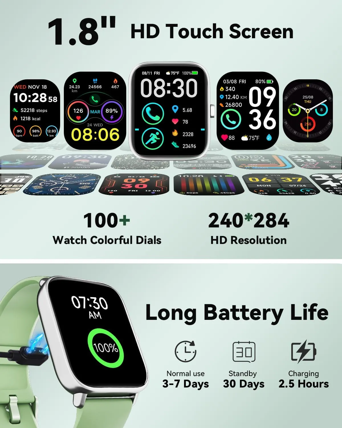Smartwatch for Men Women, Alexa Built-in, 1.8" Fitness Tracker, IP68 Waterproof Smartwatch for Android & iPhone with Bluetooth Call (Answer/Make), Heart Rate/SpO2/Sleep Monitor/Pedometer, Green