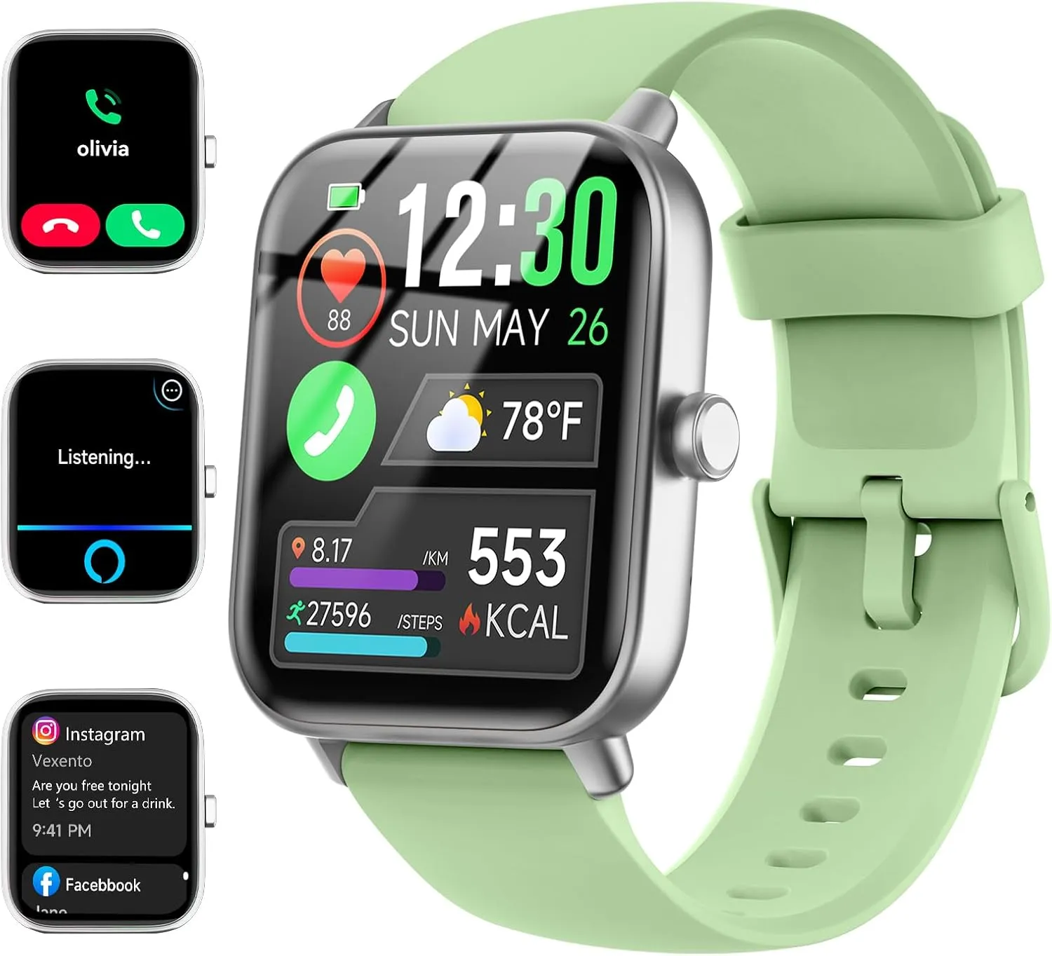 Smartwatch for Men Women, Alexa Built-in, 1.8" Fitness Tracker, IP68 Waterproof Smartwatch for Android & iPhone with Bluetooth Call (Answer/Make), Heart Rate/SpO2/Sleep Monitor/Pedometer, Green