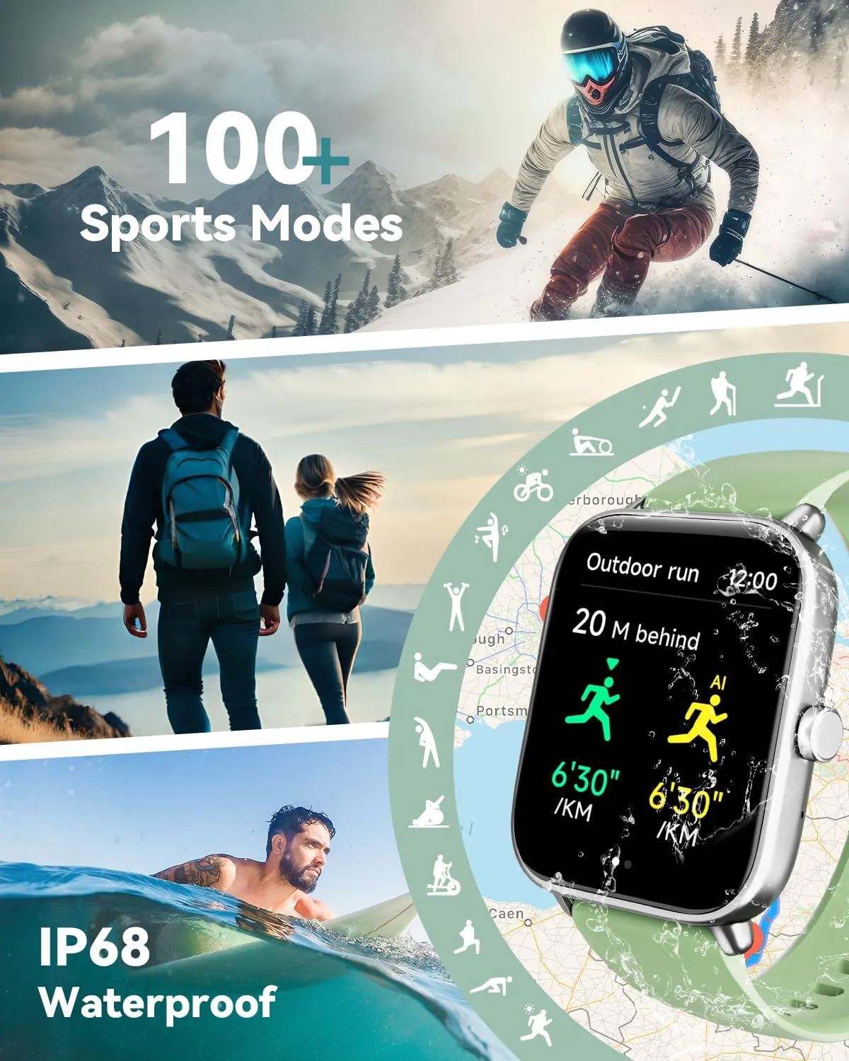 Smartwatch for Men Women, Alexa Built-in, 1.8" Fitness Tracker, IP68 Waterproof Smartwatch for Android & iPhone with Bluetooth Call (Answer/Make), Heart Rate/SpO2/Sleep Monitor/Pedometer, Green