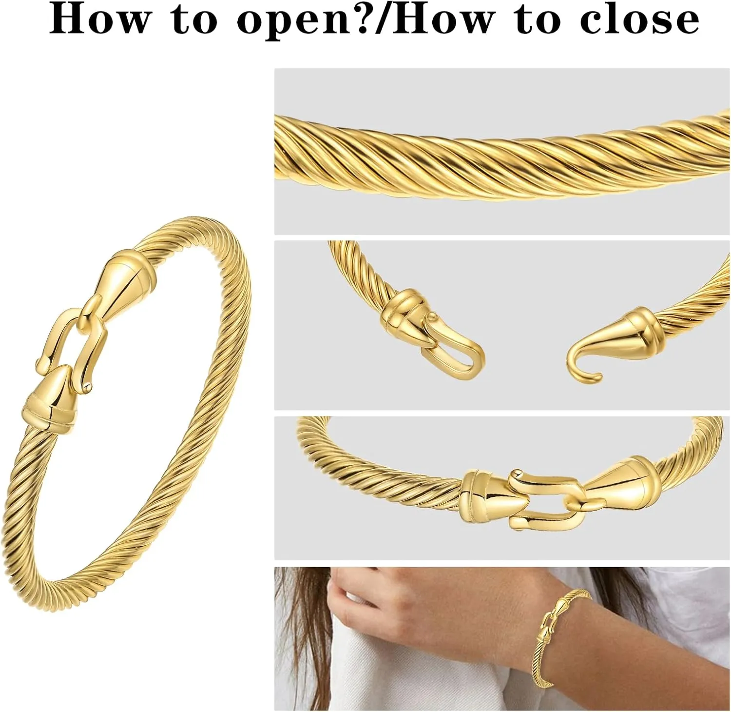 Stainless Steel Twisted Cable Wire Bracelets with Hook Clasp Stylish Roman Digital Bangle Bracelet for Women