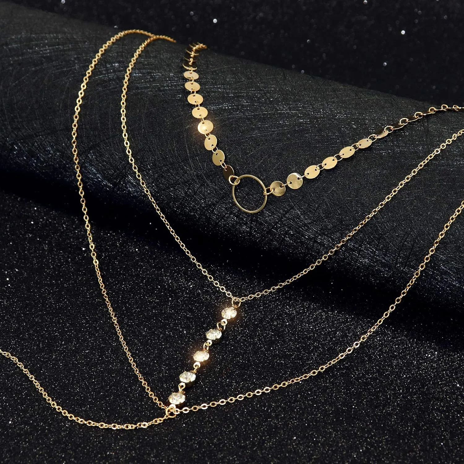 Suyi Stylish Layered Sequins Choker Necklace with Thin Long Chian Pendant for Women Lady