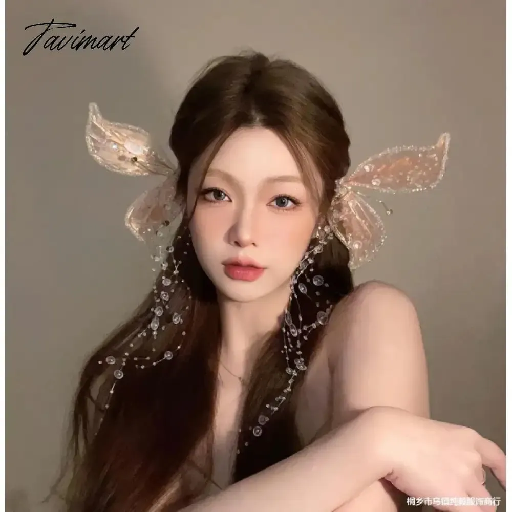 Tavimart Elf Ear Bridal Headdress Crystal Hair Clip Butterfly Wings Tassel Side Pair of Clips
