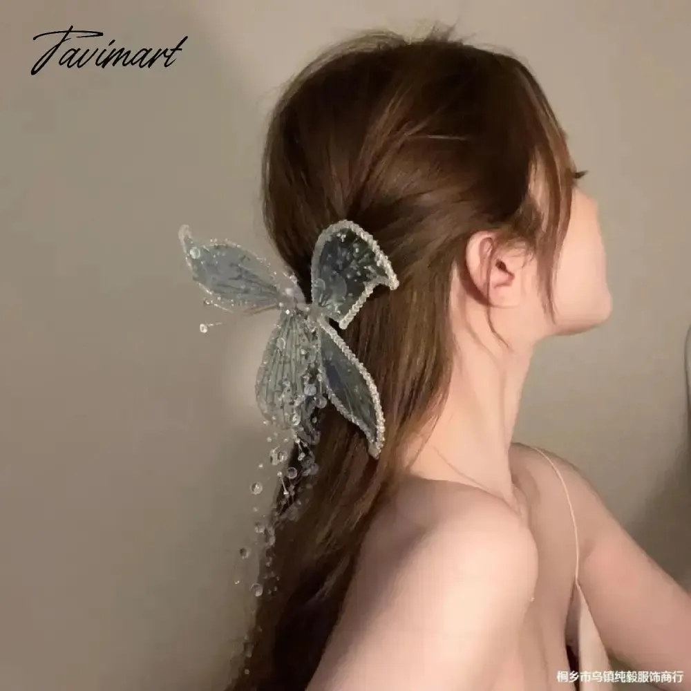 Tavimart Elf Ear Bridal Headdress Crystal Hair Clip Butterfly Wings Tassel Side Pair of Clips