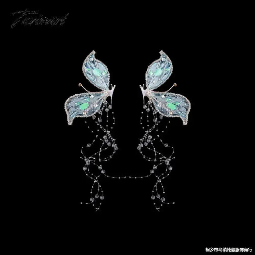 Tavimart Elf Ear Bridal Headdress Crystal Hair Clip Butterfly Wings Tassel Side Pair of Clips