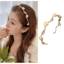 Valentine Exquisite Floral Rose Design Gold White Rose Hair Accessories - Elegant Metal Hoop Hairbands Ornaments Hairpin for Women Girls - Wedding 1Pcs