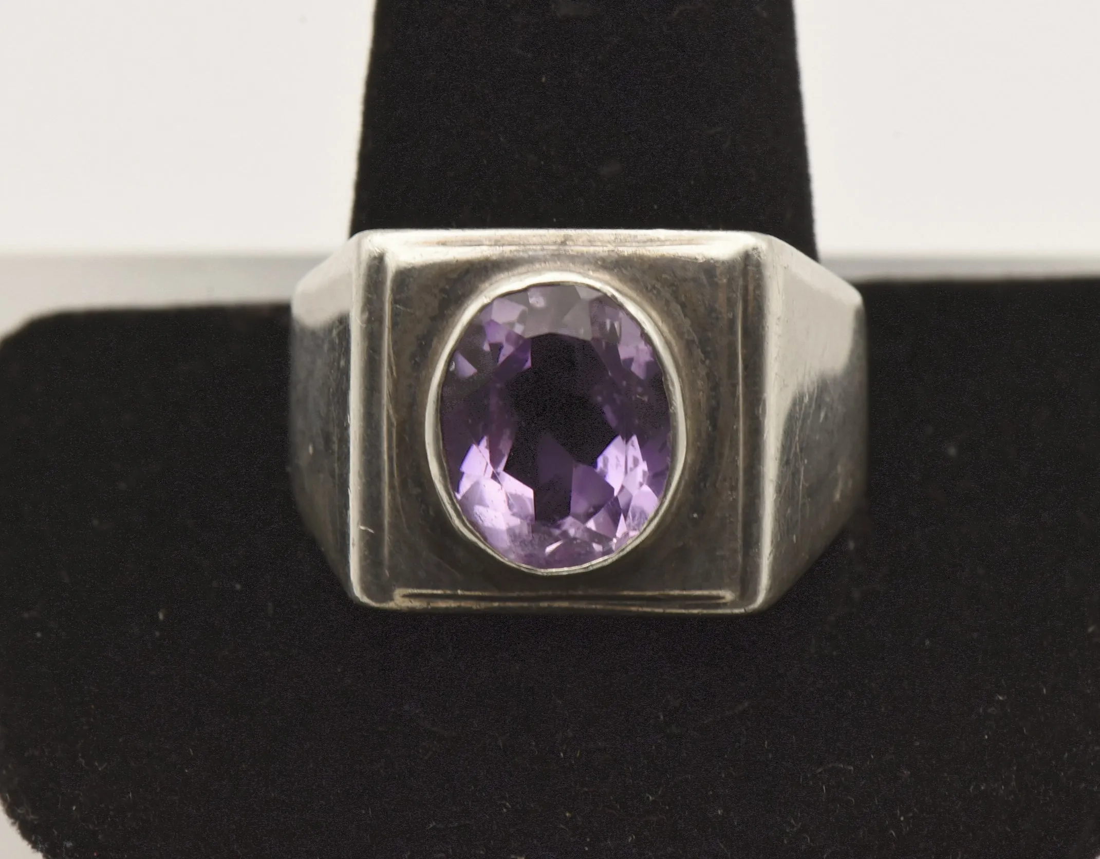 Vintage Sterling Silver and Amethyst Modern Design Ring - Size 13.25