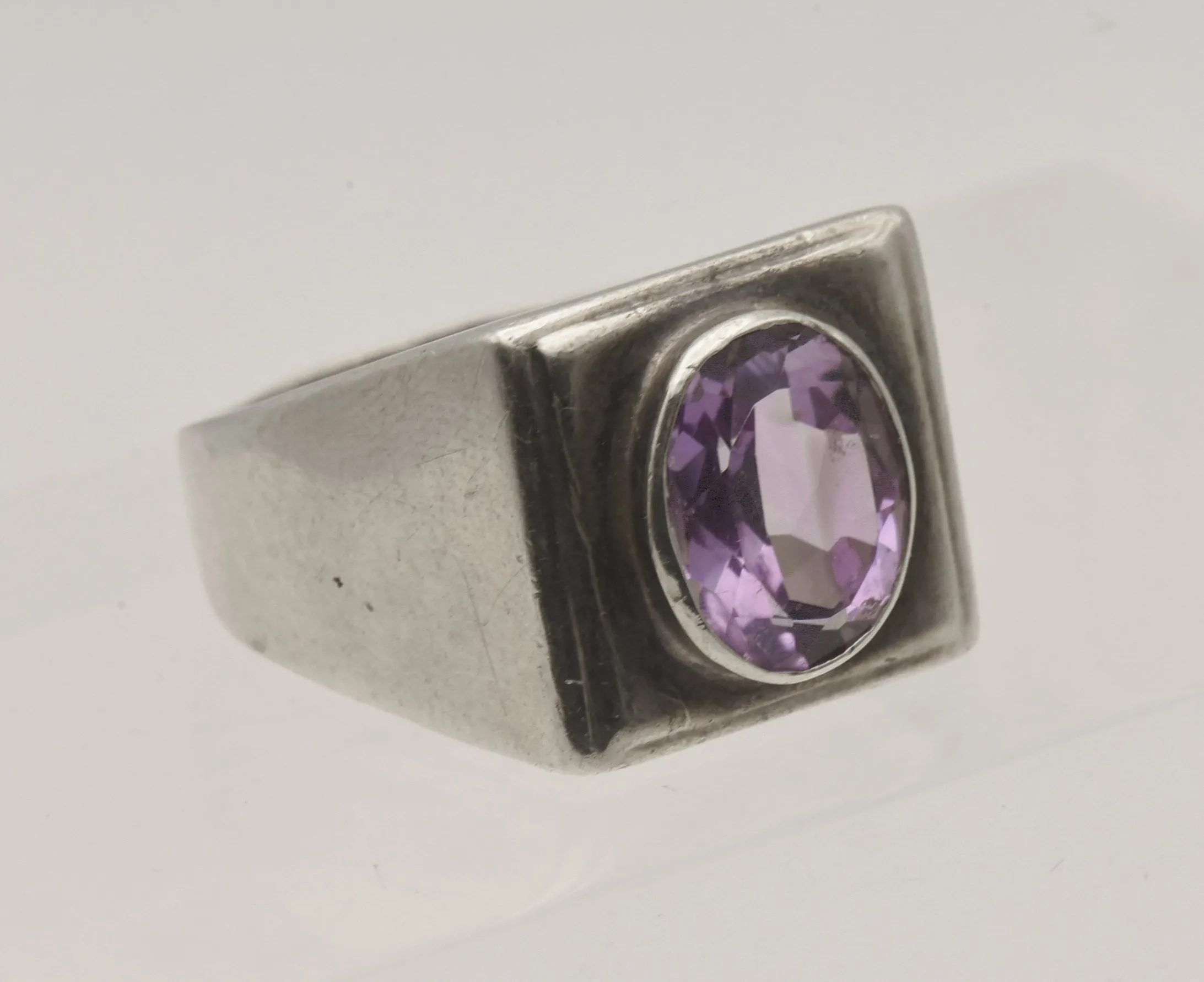 Vintage Sterling Silver and Amethyst Modern Design Ring - Size 13.25