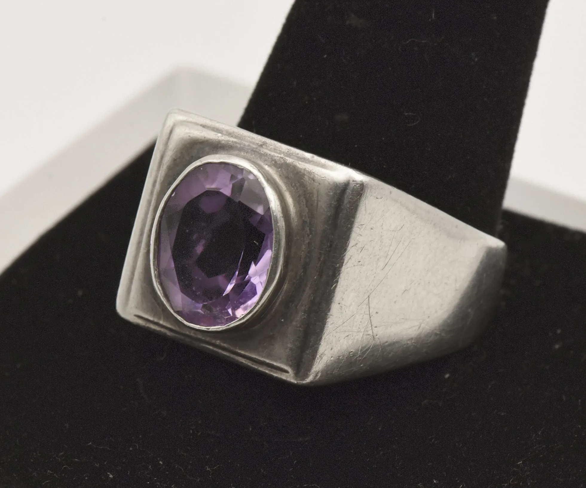 Vintage Sterling Silver and Amethyst Modern Design Ring - Size 13.25