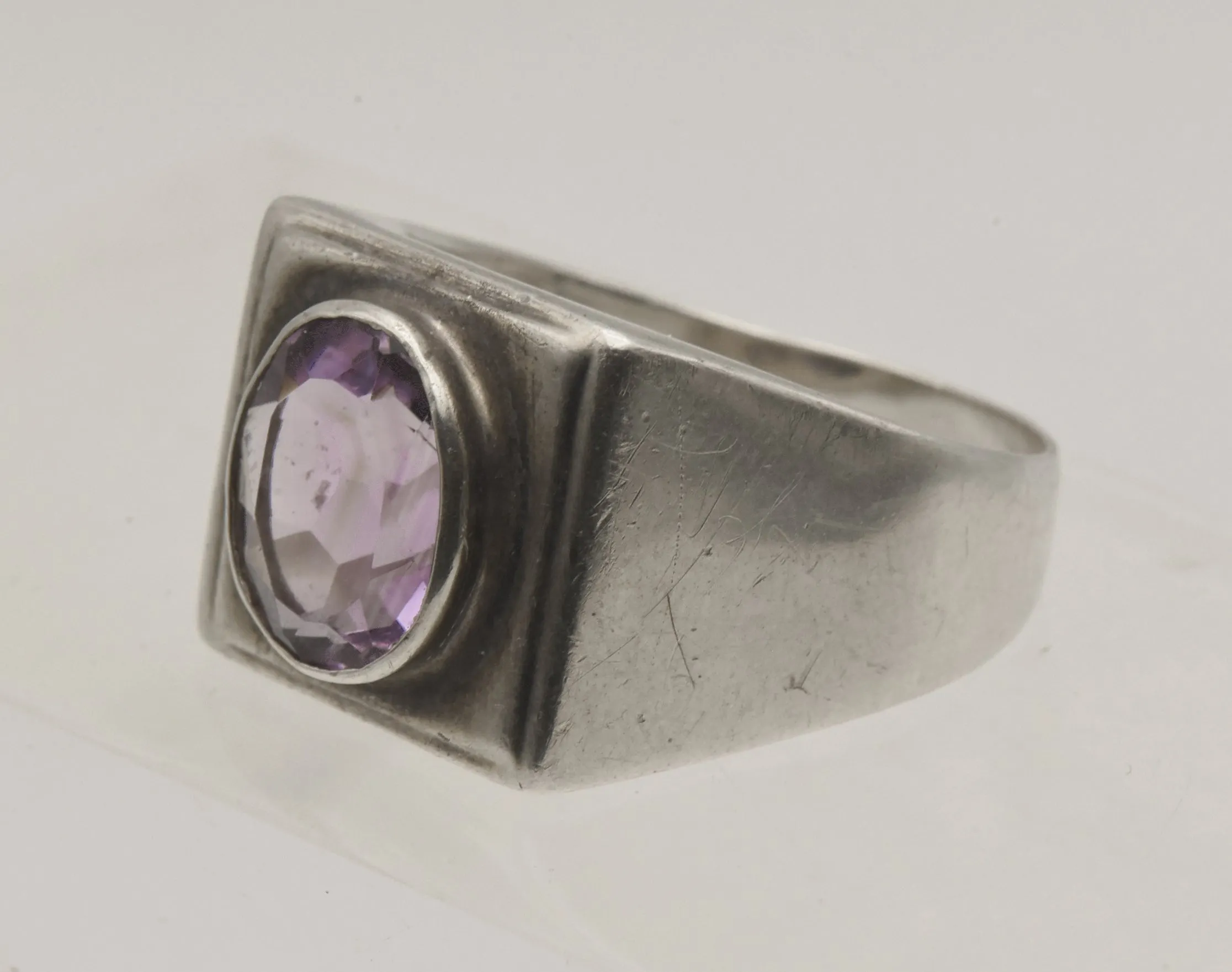 Vintage Sterling Silver and Amethyst Modern Design Ring - Size 13.25