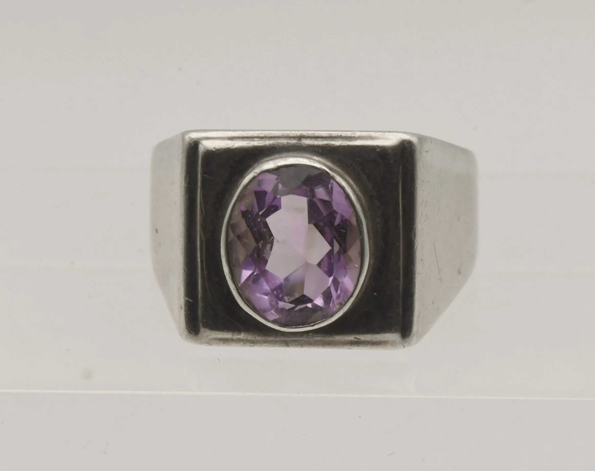 Vintage Sterling Silver and Amethyst Modern Design Ring - Size 13.25