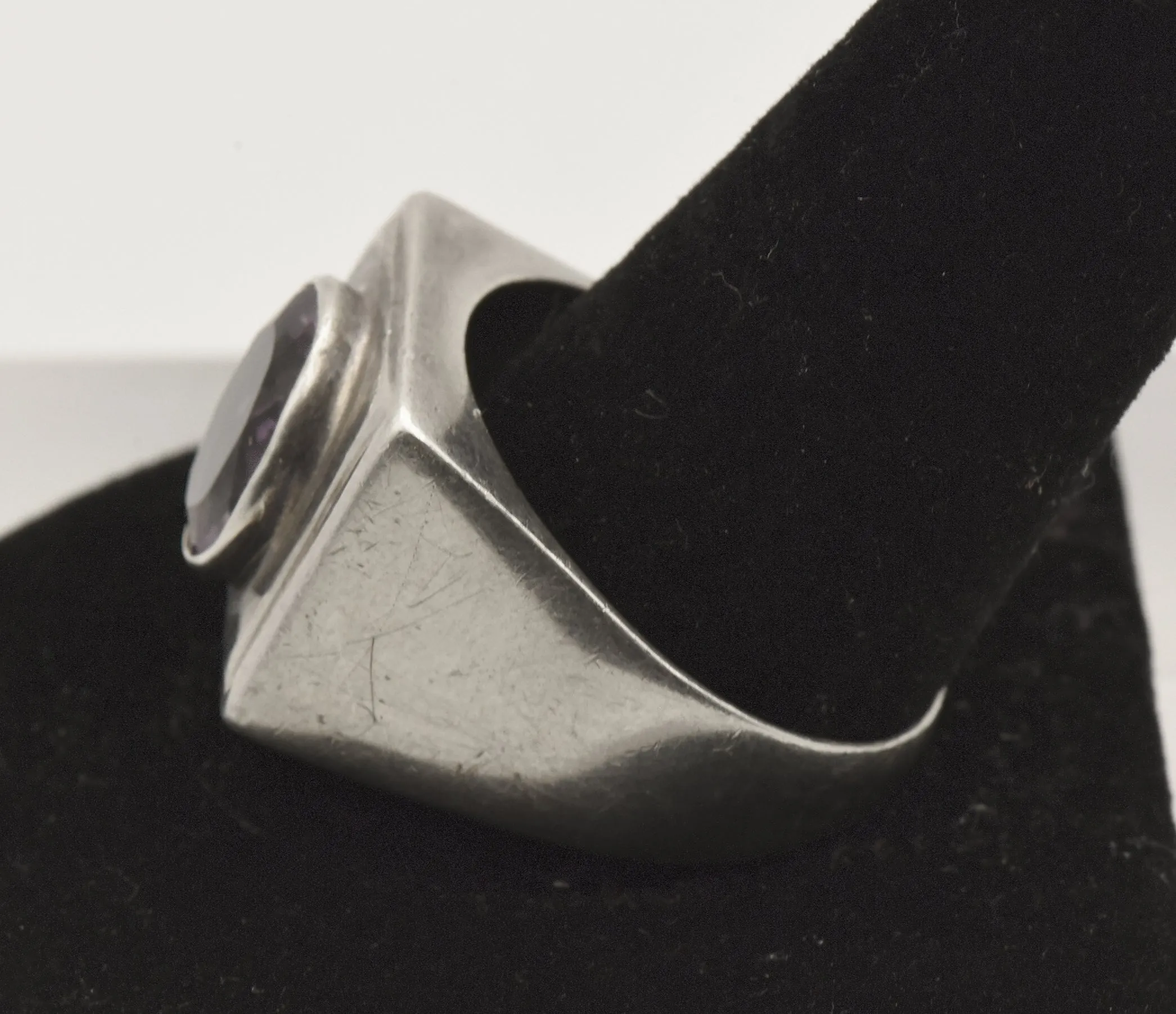 Vintage Sterling Silver and Amethyst Modern Design Ring - Size 13.25