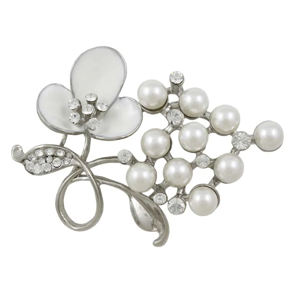 White Enamel Flower with White Pearls Brooch Pin - PRP266