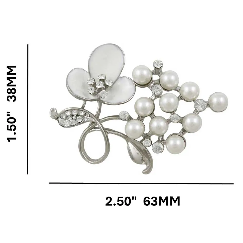 White Enamel Flower with White Pearls Brooch Pin - PRP266