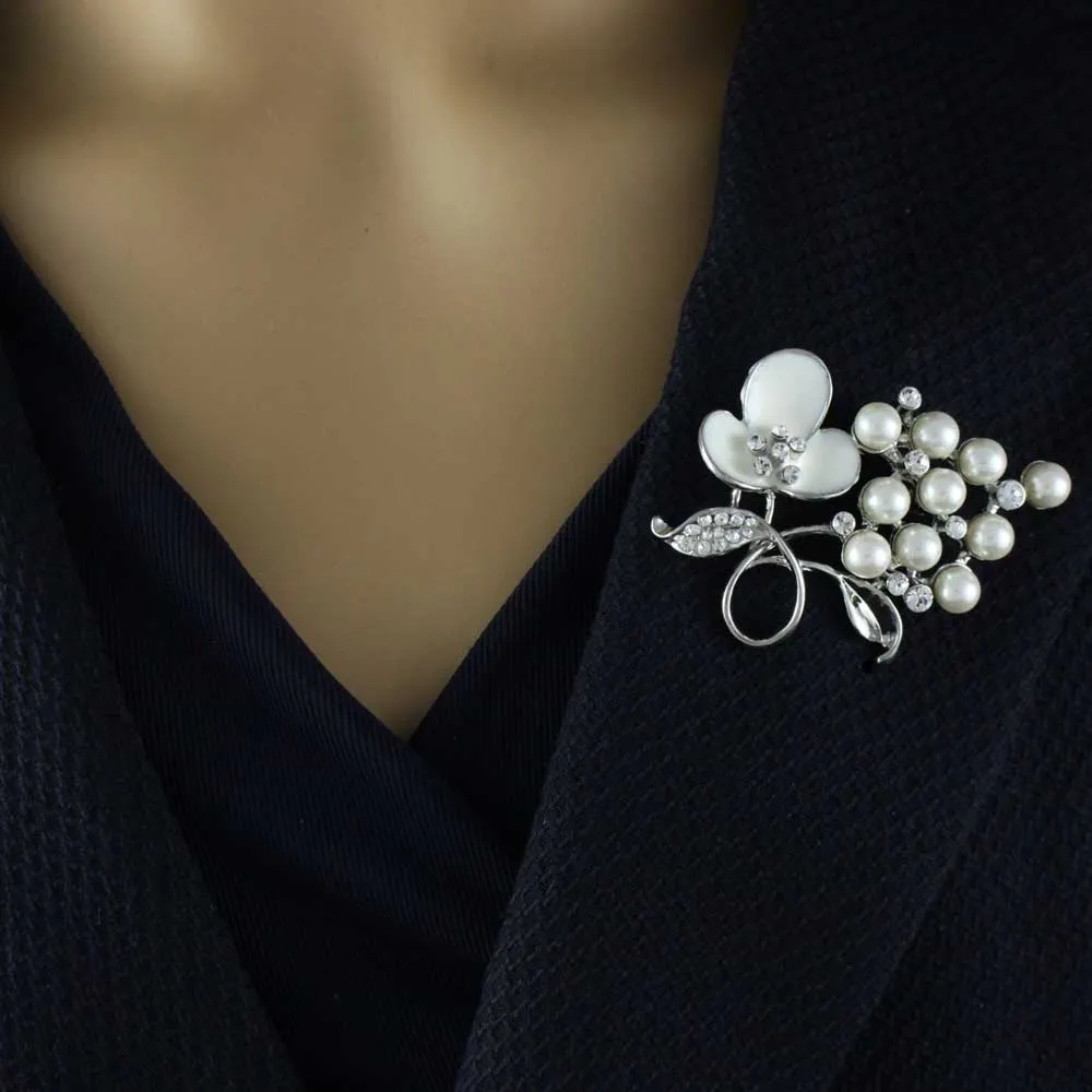 White Enamel Flower with White Pearls Brooch Pin - PRP266